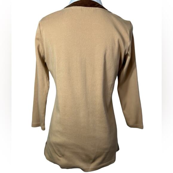 Lauren Ralph Lauren Tan Brown Suede Trim V Neck Long Sleeve top Size Med - Picture 6 of 11
